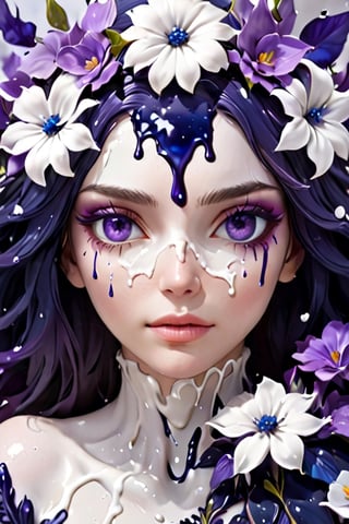 (Close-up shot of an amazingly beautiful woman, white and navy blue, bright purple covering her eyes, flowers made of icing melting over her eyes, amazing fantasy style), Detailed Textures, high quality, high resolution, high Accuracy, realism, color correction, Proper lighting settings, harmonious composition, Behance works