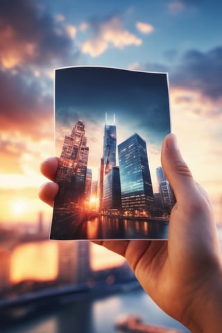 (women's hand, Holding a photo, the photo shows urban scenery, cityscape, city, scenery, building, sky, skyscraper, outdoors, sunset, watermark, science fiction, real world location, Megacity), Detailed Textures, high quality, high resolution, high Accuracy, realism, color correction, Proper lighting settings, harmonious composition, Behance works,photo r3al