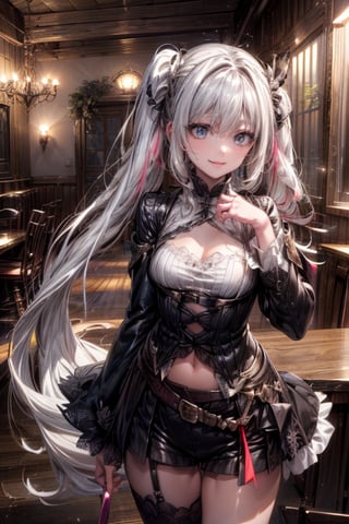 ((Top Quality, Masterpiece, Top Quality, Super Detail, High Resolution, HDR, Unity 16K Wallpaper, High Definition CG, Beautiful Details, Depth, Fine Grain, Super Fine, Vivid)), Style by Epic Seven, Eye Detail, Dark Gray Eyes, break, long hairstyle, ((choose one from ponytail, twin tail, twin braid, side twin tail))), shining white hair, face detail, best smile, ((please change the cute expression)), (Please change the cute pose) Accessories, (Super Detail Gym) (Bloomers) Thin waist, Thin waist, Blake, (Thin thighs, thin legs), (Very detailed), Cleavage, Break, Beautiful bright colors, (orange light) (light particles wallpaper), (shining light) ), cowboy shots, gothic details, cute gothic living room, room luxury, ((moonlight at night)), night sky, Moon, Veranda, Gothic Town, Additional Details, Noise Method, Vivid