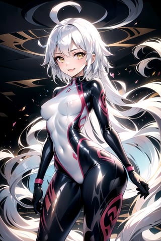 masterpiece, best quality, highres, 1girl, solo, standing, looking at viewer, medium breasts, rubbersuit, latex suit, rubber suit, bodysuit, smile, simple background, white background, jeannernd, long hair, ahoge, white hair, yellow eyes