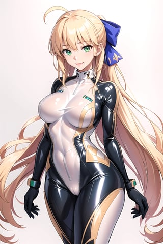 masterpiece, best quality, highres, 1girl, solo, standing, looking at viewer, large breasts, rubbersuit, latex suit, rubber suit, bodysuit, smile, simple background, white background, cccaster, long hair, ahoge, hair bow, green eyes