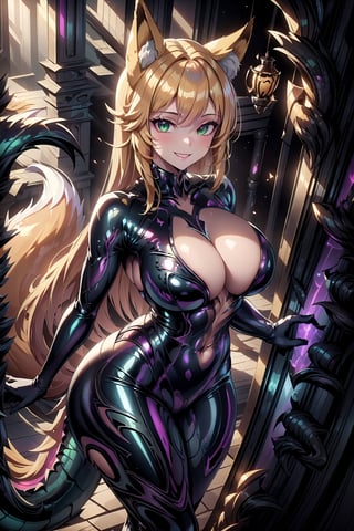 masterpiece, best quality, highres, draconictech, scifi, obsidian, iridescent, scaly, 1girl, solo, standing, looking at viewer, curvy body, large breasts, yellow hair, long hair, fox ears, fox tail, rubbersuit, latex suit, rubber suit, bodysuit, smile, green eyes