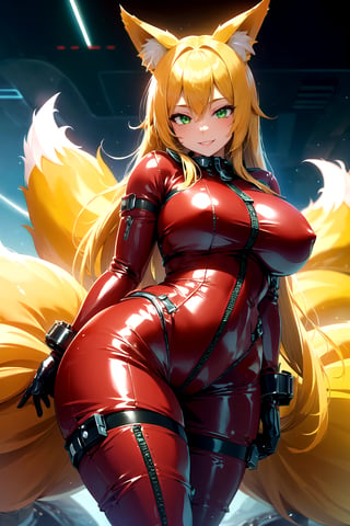 masterpiece, best quality, highres, LatexTech, scifi, inflatable, zippers, 1girl, solo, standing, looking at viewer, curvy body, large breasts, yellow hair, long hair, fox ears, fox tail, smile, green eyes