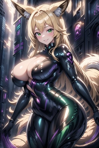 masterpiece, best quality, highres, 1girl, solo, standing, looking at viewer, curvy body, large breasts, yellow hair, long hair, fox ears, fox tail, rubbersuit, latex suit, rubber suit, bodysuit, smile, green eyes, draconictech, scifi, obsidian, iridescent, scaly