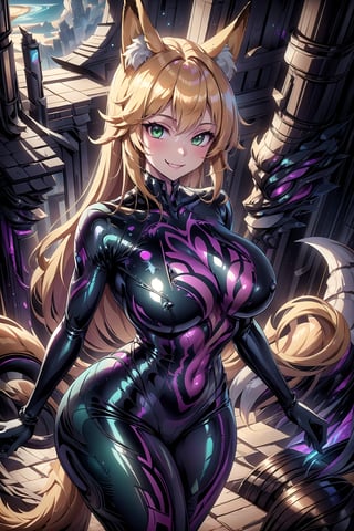 masterpiece, best quality, highres, 1girl, solo, standing, looking at viewer, curvy body, large breasts, yellow hair, long hair, fox ears, fox tail, rubbersuit, latex suit, rubber suit, bodysuit, smile, green eyes, draconictech, scifi, obsidian, iridescent, scaly