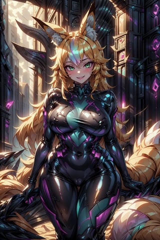 masterpiece, best quality, highres, 1girl, solo, standing, looking at viewer, curvy body, large breasts, yellow hair, long hair, fox ears, fox tail, rubbersuit, latex suit, rubber suit, bodysuit, smile, green eyes, draconictech, scifi, obsidian, iridescent, scaly