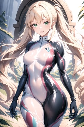 masterpiece, best quality, highres, 1girl, solo, standing, looking at viewer, rubbersuit, latex suit, rubber suit, bodysuit, smile, simple background, white background, bbcaster, long hair, twintails, green eyes