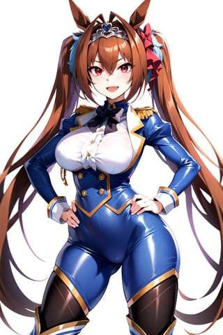 masterpiece, best quality, highres, 1girl, solo, standing, hands on hip, looking at viewer, large breasts, rubbersuit02, glossy suit, bodysuit, latex, smile, simple background, white background, daiwa scarlet (umamusume), horse ears, long hair, twintails, tiara, horse tail, very long hair, brown hair, large breasts, fang, red eyes, bangs, hair between eyes, hair bow