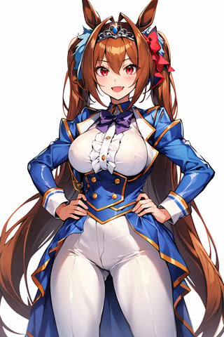 masterpiece, best quality, highres, 1girl, solo, standing, hands on hip, looking at viewer, large breasts, rubbersuit02, glossy suit, bodysuit, latex, smile, simple background, white background, daiwa scarlet (umamusume), horse ears, long hair, twintails, tiara, horse tail, very long hair, brown hair, large breasts, fang, red eyes, bangs, hair between eyes, hair bow, 