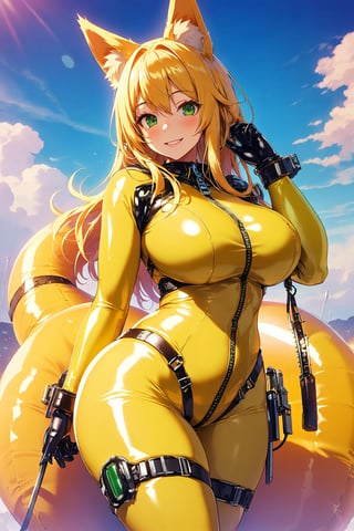 masterpiece, best quality, highres, LatexTech, scifi, inflatable, zippers, 1girl, solo, standing, looking at viewer, curvy body, large breasts, yellow hair, long hair, fox ears, fox tail, smile, green eyes