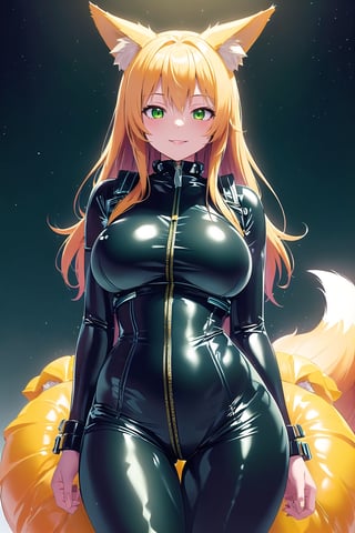 masterpiece, best quality, highres, LatexTech, scifi, inflatable, zippers, 1girl, solo, standing, looking at viewer, curvy body, large breasts, yellow hair, long hair, fox ears, fox tail, smile, green eyes