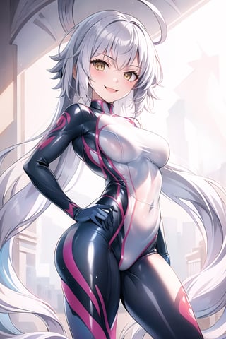 masterpiece, best quality, highres, 1girl, solo, standing, looking at viewer, medium breasts, rubbersuit, latex suit, rubber suit, bodysuit, shrug \(clothing\), cropped jacket, smile, simple background, white background, jeannebrskr, ahoge