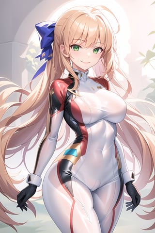 masterpiece, best quality, highres, 1girl, solo, standing, looking at viewer, large breasts, rubbersuit, latex suit, rubber suit, bodysuit, smile, simple background, white background, cccaster, long hair, ahoge, hair bow, green eyes