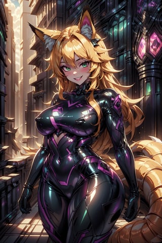 masterpiece, best quality, highres, draconictech, scifi, obsidian, iridescent, scaly, 1girl, solo, standing, looking at viewer, curvy body, large breasts, yellow hair, long hair, fox ears, fox tail, rubbersuit, latex suit, rubber suit, bodysuit, smile, green eyes