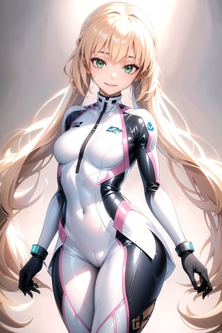 masterpiece, best quality, highres, 1girl, solo, standing, looking at viewer, rubbersuit, latex suit, rubber suit, bodysuit, smile, simple background, white background, bbcaster, long hair, twintails, green eyes