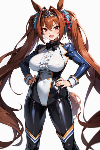 masterpiece, best quality, highres, 1girl, solo, standing, hands on hip, looking at viewer, large breasts, rubbersuit02, glossy suit, bodysuit, latex, smile, simple background, white background, daiwa scarlet (umamusume), horse ears, long hair, twintails, tiara, horse tail, very long hair, brown hair, large breasts, fang, red eyes, bangs, hair between eyes, hair bow, 