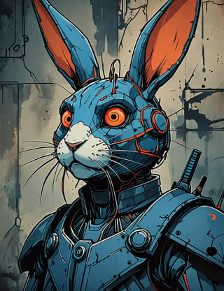 (close up, head and shoulders portrait:1.5), red, orange, blue gradient ,(anthropomorphic cyclops rabbit biomechanical robot :1.5), (angular shapes:1.7), samurai, wearing samurai armor, (strong outline sketch style:1.5), symmetrical features, gritty fantasy, (darkest dungeon art style :1.4), dark muted background, detailed, Dark Manga of,Dark Anime of