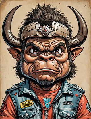 (close up, head and shoulders portrait:1.5), An extremely detailed 1980s (cartoon caricature:1.5), (oversized head caricature:1.3), (anthropomorphic bison:1.4) , wearing biker gang outfit , grunge , dystopian, in the style of garbage pail kids