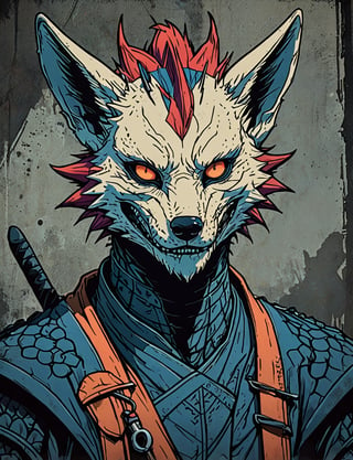 (close up, head and shoulders portrait:1.5), red, orange, blue, violet gradient ,(anthromorphic dragon jackal :1.5), samurai, wearing samurai armor, (strong outline sketch style:1.5), symmetrical features, gritty fantasy, (darkest dungeon art style :1.4), dark muted background, detailed, one_piece_wano_style, Dark Manga of