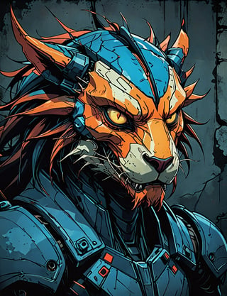 (close up, head and shoulders portrait:1.5), red, orange, blue gradient ,(anthropomorphic alien manticore biomechanical robot :1.5), (angular shapes:1.7), samurai, wearing samurai armor, (strong outline sketch style:1.5), symmetrical features, gritty fantasy, (darkest dungeon art style :1.4), dark muted background, detailed, Dark Manga of,Dark Anime of