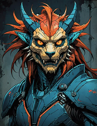 (close up, head and shoulders portrait:1.5), red, orange, blue gradient ,(anthropomorphic alien manticore biomechanical robot :1.5), (angular shapes:1.7), samurai, wearing samurai armor, (strong outline sketch style:1.5), symmetrical features, gritty fantasy, (darkest dungeon art style :1.4), dark muted background, detailed, Dark Manga of,Dark Anime of