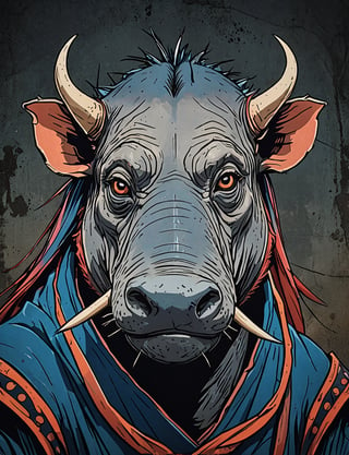 (close up, head and shoulders portrait:1.5), red, orange, blue, violet gradient ,(anthromorphic babirusa :1.5), samurai, wearing samurai armor, (strong outline sketch style:1.5), symmetrical features, gritty fantasy, (darkest dungeon art style :1.4), dark muted background, detailed, one_piece_wano_style, Dark Manga of