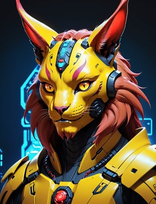 head and shoulders portrait, flat 2d illustration style, (1male:3), anthropomorphic sci-fi , (red and yellow caracal :2.3) (cyber oni:1.8) , wearing power armor, cyberpunk, tarot card, 4K UHD, studio ghibli style, high-tech, , nocturne, breakdomain, portraitart, portrait art style, neon hieroglyphs 