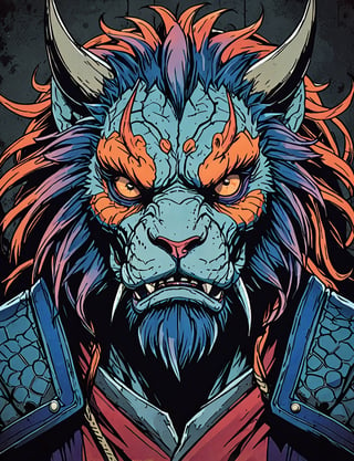 (close up, head and shoulders portrait:1.5), red, orange, blue, violet gradient ,(anthromorphic manticore :1.5), samurai, wearing samurai armor, (strong outline sketch style:1.5), symmetrical features, gritty fantasy, (darkest dungeon art style :1.4), dark muted background, detailed, one_piece_wano_style, Dark Manga of