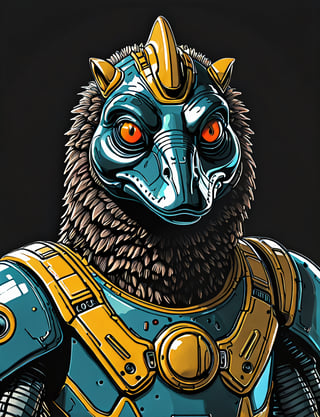 (close up, head and shoulders portrait:1.5), An extremely detailed 1970s retro-future anthropomorphic (platypus :1.2) (manticore :1.4) robot, centered, (strong outline sketch style:1.5), (flat silkscreen art style:1.9), (solid dark background:1.2), (retro color scheme), masterpiece, epic, by pascal blanche rutkowski repin artstation painting concept art of detailed character design matte painting, 4 k resolution blade runner, dark muted background, detailed, comic book,dcas_lora