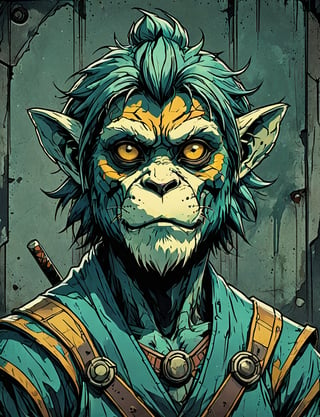 (close up, head and shoulders portrait:1.5), yellow, green, teal gradient ,(anthropomorphic bengal langur yeti :1.5), (angular shapes:1.7), samurai, wearing samurai armor, (strong outline sketch style:1.5), symmetrical features, gritty fantasy, (darkest dungeon art style :1.4), dark muted background, detailed, Dark Manga of,Dark Anime of,comic book