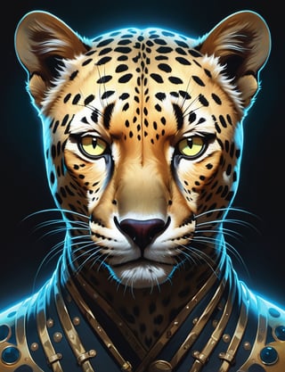 head and shoulders portrait, kfp_(film) cheetah  , illuminated eyes,  symmetrical features, bioluminescent, High definition, 8k, oil painting, detailed masterpiece. Translucent image, professional sinister concept art, by artgerm and Greg Rutkowski, an intricate, elegant and highly detailed digital painting, concept art, soft and sharp focus, illustration, in the style of Simon Stalenhag, Wayne Barlowe and Igor Kieryluk.,arcane