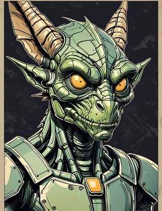 (close up, head and shoulders portrait:1.5), An extremely detailed (1970s retro-future:1.2) anthropomorphic goblin dragon robot, centered, (strong outline sketch style:1.3), dark background, muted colors, detailed, comic book