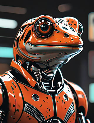 (close up, head and shoulders portrait:1.5), An extremely detailed 1970s retro-future anthropomorphic (frog:1.2) (tiger:1.1) robot, centered, (strong outline sketch style:1.5), (flat silkscreen art style:1.4), minimal dark background, red, orange, black and white tones, masterpiece, epic, sharp focus,, by pascal blanche rutkowski repin artstation painting concept art of detailed character design matte painting, 4 k resolution blade runner, dark muted background, detailed, comic book,dcas_lora