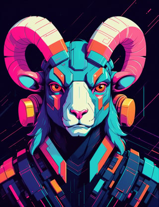 head and shoulders portrait, (anthropomorphic ram:1.3) , sci-fi warrior , 80s anime style, glitch art, flat colors, key visual, vibrant, studio anime, minimalistic