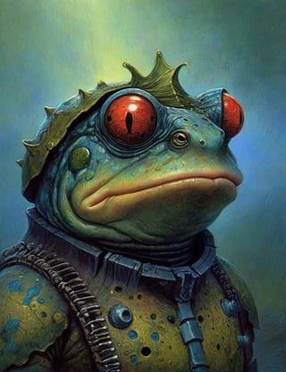 (head and shoulders portrait:1.2), (anthropomorphic poisonous toad:1.4) neuromancer , wearing power armor outfit , surreal fantasy, close-up view, chiaroscuro lighting, no frame, hard light, art by Zdzisław Beksiński,digital artwork by Beksinski