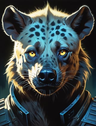 head and shoulders portrait, kfp_(film) hyena  , illuminated eyes,  symmetrical features, bioluminescent, High definition, 8k, oil painting, detailed masterpiece. Translucent image, professional sinister concept art, by artgerm and Greg Rutkowski, an intricate, elegant and highly detailed digital painting, concept art, soft and sharp focus, illustration, in the style of Simon Stalenhag, Wayne Barlowe and Igor Kieryluk.,arcane