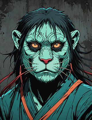 (close up, head and shoulders portrait:1.5), red, orange, green, teal, aqua, blue, violet gradient ,(anthromorphic jaguar capuchin :1.5), samurai, wearing samurai armor, (strong outline sketch style:1.5), symmetrical features, gritty fantasy, (darkest dungeon art style :1.4), dark muted background, detailed, one_piece_wano_style, Dark Manga of,anime screencap,Dark Anime of