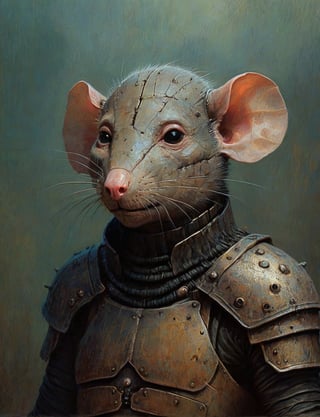 (head and shoulders portrait:1.2), (anthropomorphic rat :1.4) warrior, wearing torn armor , surreal fantasy, close-up view, chiaroscuro lighting, no frame, hard light, art by Zdzisław Beksiński,digital artwork by Beksinski