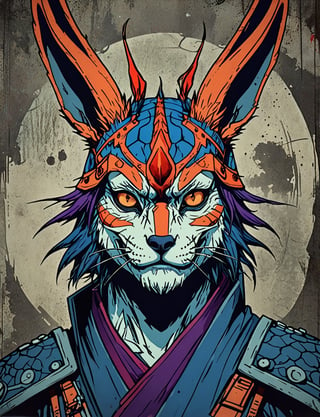 (close up, head and shoulders portrait:1.5), red, orange, blue, violet gradient ,(anthromorphic wolpertinger :1.5), samurai, wearing samurai armor, (strong outline sketch style:1.5), symmetrical features, gritty fantasy, (darkest dungeon art style :1.4), dark muted background, detailed, one_piece_wano_style, Dark Manga of,anime screencap