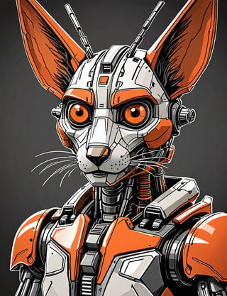 (close up, head and shoulders portrait:1.5), An extremely detailed (1970s retro-future:1.2) anthropomorphic wolpertinger robot, centered, (strong outline sketch style:1.3), dark background, red, orange, black and white tones, muted colors, detailed, comic book