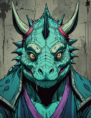 (close up, head and shoulders portrait:1.5), green, teal, aqua, blue, violet gradient ,(anthromorphic triceratops mouse:1.5), samurai, wearing samurai armor, (strong outline sketch style:1.5), symmetrical features, gritty fantasy, (darkest dungeon art style :1.4), dark muted background, detailed, one_piece_wano_style, Dark Manga of,anime screencap,Dark Anime of