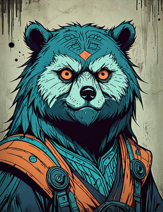 (close up, head and shoulders portrait:1.5), orange, teal, blue, violet gradient , (anthromorphic grizzly bear owl :1.5), samurai, wearing samurai armor, (strong outline sketch style:1.5), symmetrical features, gritty fantasy, (darkest dungeon art style :1.4), dark muted background, detailed,one_piece_wano_style,Dark Manga of