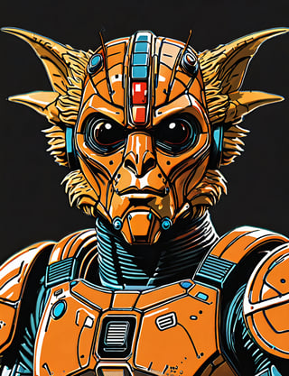 (close up, head and shoulders portrait:1.5), An extremely detailed 1970s retro-future anthropomorphic (mandolorian:1.2) (manticore :1.4) robot, centered, (strong outline sketch style:1.5), (flat silkscreen art style:1.9), (solid dark background:1.2), (retro color scheme), masterpiece, epic, by pascal blanche rutkowski repin artstation painting concept art of detailed character design matte painting, 4 k resolution blade runner, dark muted background, detailed, comic book,dcas_lora