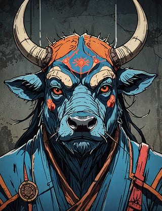 (close up, head and shoulders portrait:1.5), red, orange, blue, violet gradient ,(anthromorphic water buffalo :1.5), samurai, wearing samurai armor, (strong outline sketch style:1.5), symmetrical features, gritty fantasy, (darkest dungeon art style :1.4), dark muted background, detailed, one_piece_wano_style, Dark Manga of