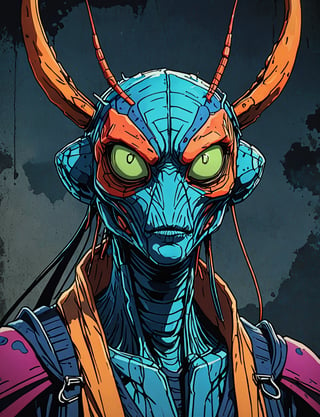 (close up, head and shoulders portrait:1.5), red, orange, blue, violet gradient ,(anthromorphic mantis :1.5), samurai, wearing samurai armor, (strong outline sketch style:1.5), symmetrical features, gritty fantasy, (darkest dungeon art style :1.4), dark muted background, detailed, one_piece_wano_style, Dark Manga of,anime screencap