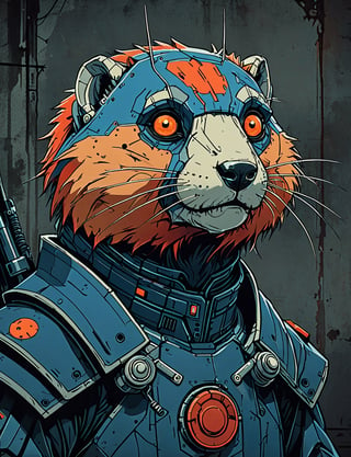 (close up, head and shoulders portrait:1.5), red, orange, blue gradient ,(anthropomorphic marmot biomechanical robot :1.5), (angular shapes:1.7), samurai, wearing samurai armor, (strong outline sketch style:1.5), symmetrical features, gritty fantasy, (darkest dungeon art style :1.4), dark muted background, detailed, Dark Manga of,Dark Anime of