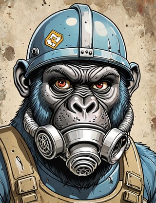 (close up, head and shoulders portrait:1.5), An extremely detailed 1980s (cartoon caricature:1.5), (oversized head caricature:1.3), anthropomorphic gorilla , wearing wastlander armor, gas mask covering mouth , grunge , dystopian, in the style of garbage pail kids