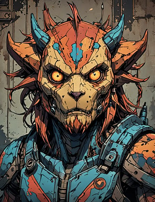 (close up, head and shoulders portrait:1.5), red, orange, blue gradient ,(anthropomorphic manticore biomechanical robot :1.5), (angular shapes:1.7), samurai, wearing samurai armor, (strong outline sketch style:1.5), symmetrical features, gritty fantasy, (darkest dungeon art style :1.4), dark muted background, detailed, Dark Manga of,Dark Anime of,Comic Book-Style 2d