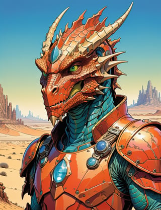 head and shoulders Portrait, sci-fi anthropomorphic dragon superhero , wearing power armor, background Desert,
highly detailed, art by Jean Giraud ((Moebius style)), line ink illustration,highly detailed,  ink sketch,ink Draw,Comic Book-Style 2d,2d, pastel colors