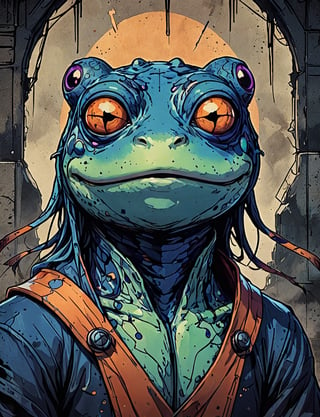 (close up, head and shoulders portrait:1.5), violet, orange, blue gradient ,(anthropomorphic frog :1.5), (angular shapes:1.7), samurai, wearing samurai armor, (strong outline sketch style:1.5), symmetrical features, gritty fantasy, (darkest dungeon art style :1.4), dark muted background, detailed, Dark Manga of,Dark Anime of,comic book